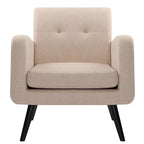 Fauteuil d'appoint en tissu capitonné du milieu du siècle beige/bleu/gris avec pieds en bois d'hévéa, simple
