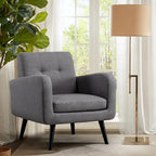 Fauteuil d'appoint en tissu capitonné du milieu du siècle beige/bleu/gris avec pieds en bois d'hévéa, simple