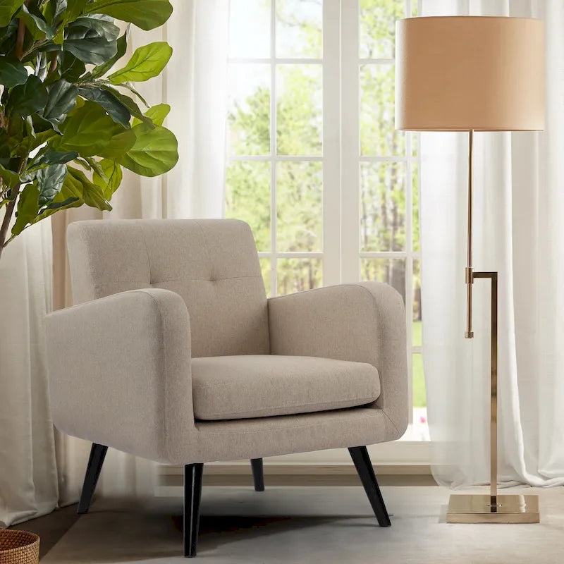 Fauteuil d'appoint en tissu capitonné du milieu du siècle beige/bleu/gris avec pieds en bois d'hévéa, simple