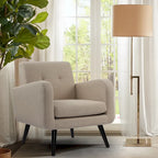 Fauteuil d'appoint en tissu capitonné du milieu du siècle beige/bleu/gris avec pieds en bois d'hévéa, simple