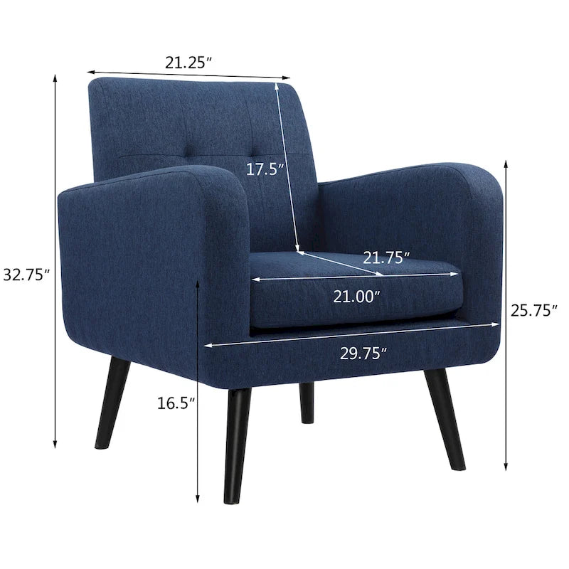 Fauteuil d'appoint en tissu capitonné du milieu du siècle beige/bleu/gris avec pieds en bois d'hévéa, simple