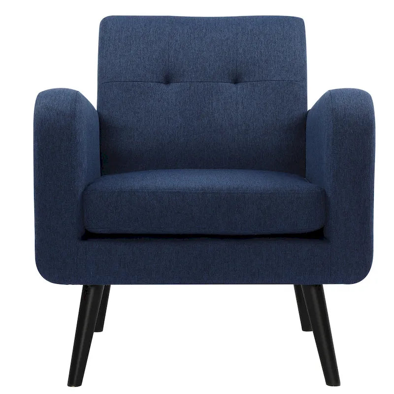 Fauteuil d'appoint en tissu capitonné du milieu du siècle beige/bleu/gris avec pieds en bois d'hévéa, simple