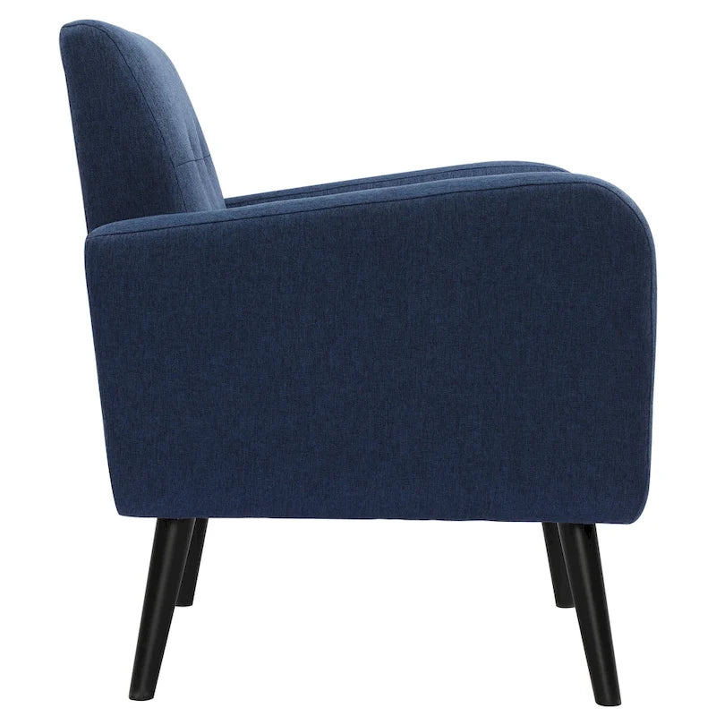 Fauteuil d'appoint en tissu capitonné du milieu du siècle beige/bleu/gris avec pieds en bois d'hévéa, simple