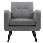 Fauteuil d'appoint en tissu capitonné du milieu du siècle beige/bleu/gris avec pieds en bois d'hévéa, simple