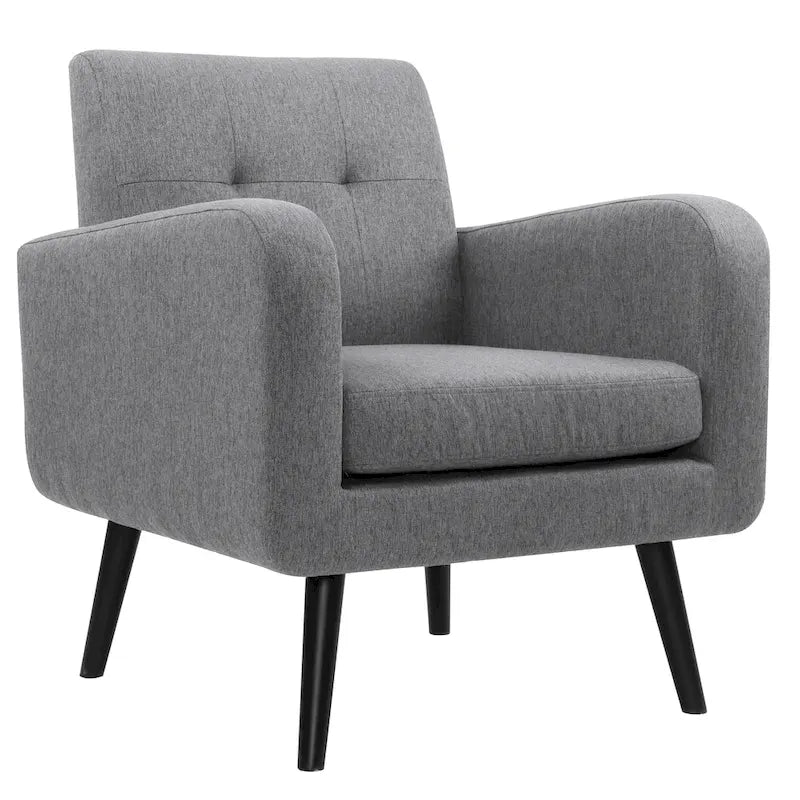 Fauteuil d'appoint en tissu capitonné du milieu du siècle beige/bleu/gris avec pieds en bois d'hévéa, simple