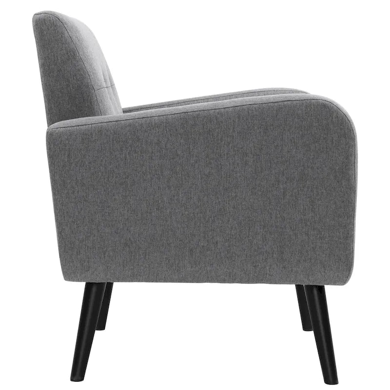Fauteuil d'appoint en tissu capitonné du milieu du siècle beige/bleu/gris avec pieds en bois d'hévéa, simple
