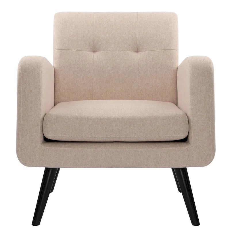 Fauteuil d'appoint en tissu capitonné du milieu du siècle beige/bleu/gris avec pieds en bois d'hévéa, simple