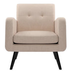 Fauteuil d'appoint en tissu capitonné du milieu du siècle beige/bleu/gris avec pieds en bois d'hévéa, simple