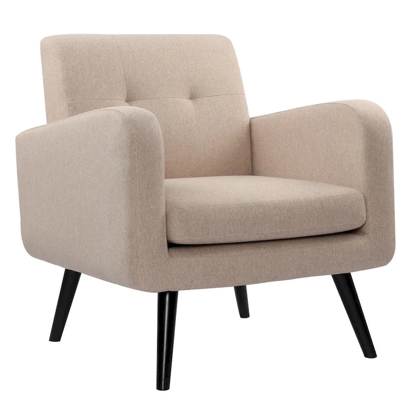 Fauteuil d'appoint en tissu capitonné du milieu du siècle beige/bleu/gris avec pieds en bois d'hévéa, simple