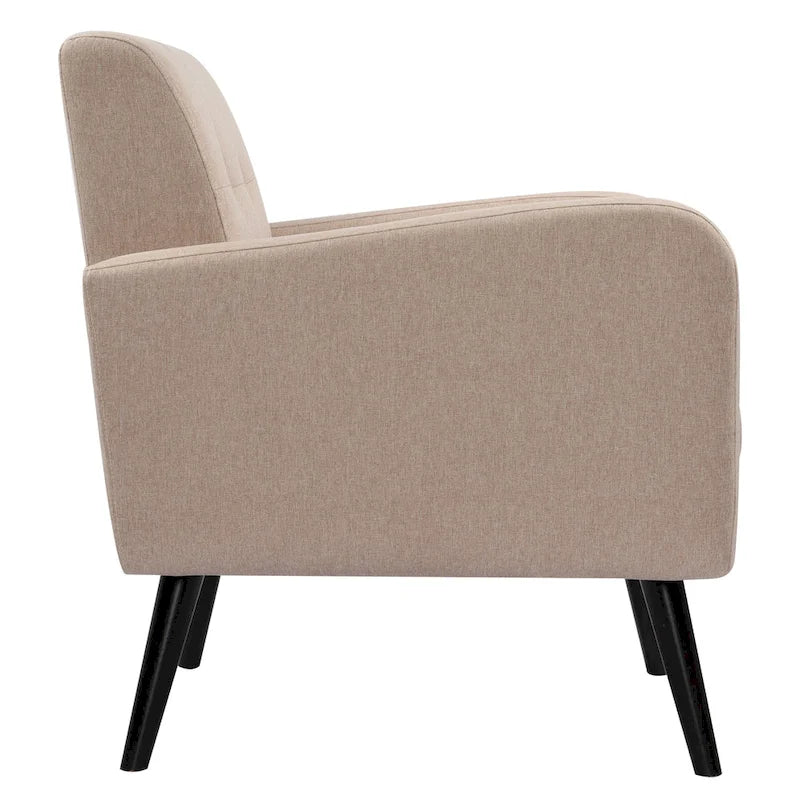 Fauteuil d'appoint en tissu capitonné du milieu du siècle beige/bleu/gris avec pieds en bois d'hévéa, simple