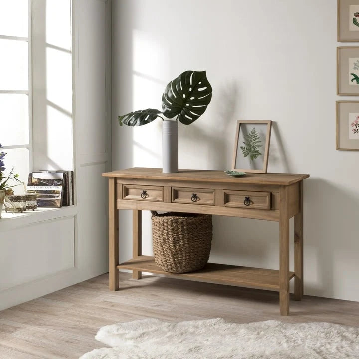 Console de couloir rustique en pin massif, blanc cérusé / marron antique / gris cérusé / non peinte, 3 tiroirs