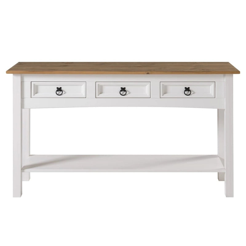 Console de couloir rustique en pin massif, blanc cérusé / marron antique / gris cérusé / non peinte, 3 tiroirs