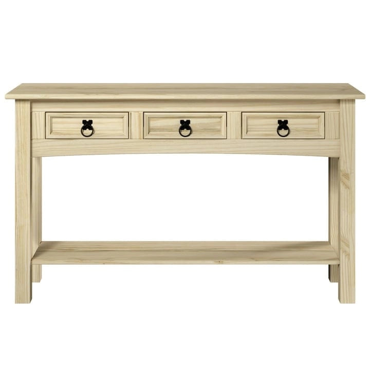 Console de couloir rustique en pin massif, blanc cérusé / marron antique / gris cérusé / non peinte, 3 tiroirs