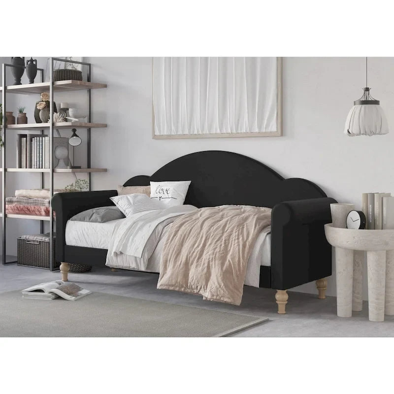 Lit de Repos Jumeau Rembourré Chaise-Style, Gris / Beige / Noir, Accoudoirs Roulés, Simple