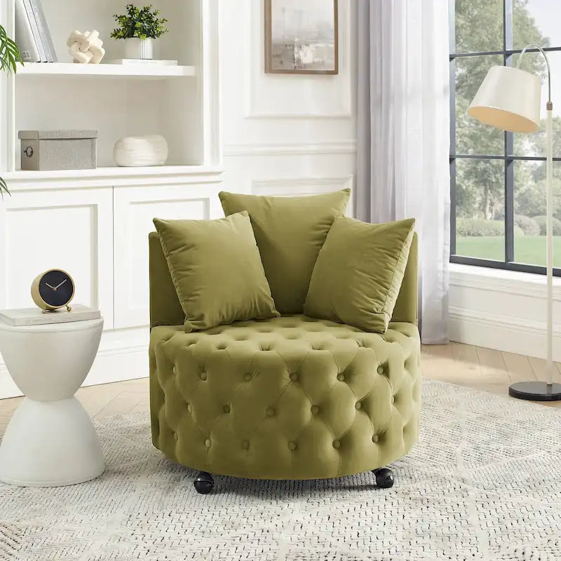 Fauteuil pivotant moderne en velours avec capitonnage, roulettes et 3 coussins, simple — Kaki / Rose / Beige / Gris / Noir / Vert