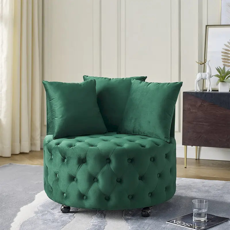 Fauteuil pivotant moderne en velours avec capitonnage, roulettes et 3 coussins, simple — Kaki / Rose / Beige / Gris / Noir / Vert