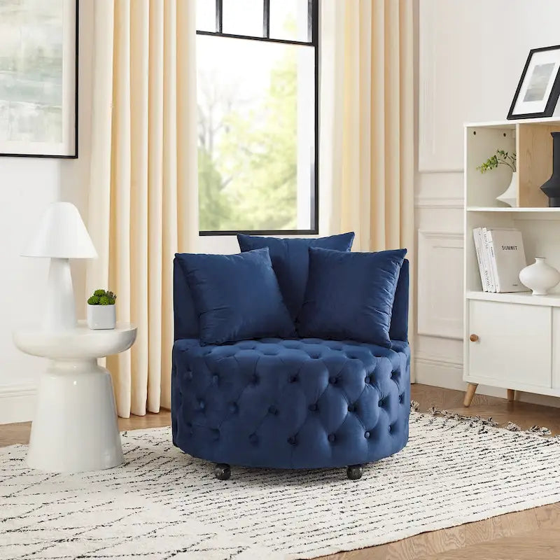 Fauteuil pivotant moderne en velours avec capitonnage, roulettes et 3 coussins, simple — Kaki / Rose / Beige / Gris / Noir / Vert