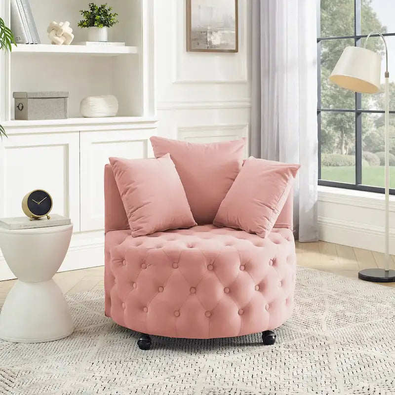 Fauteuil pivotant moderne en velours avec capitonnage, roulettes et 3 coussins, simple — Kaki / Rose / Beige / Gris / Noir / Vert