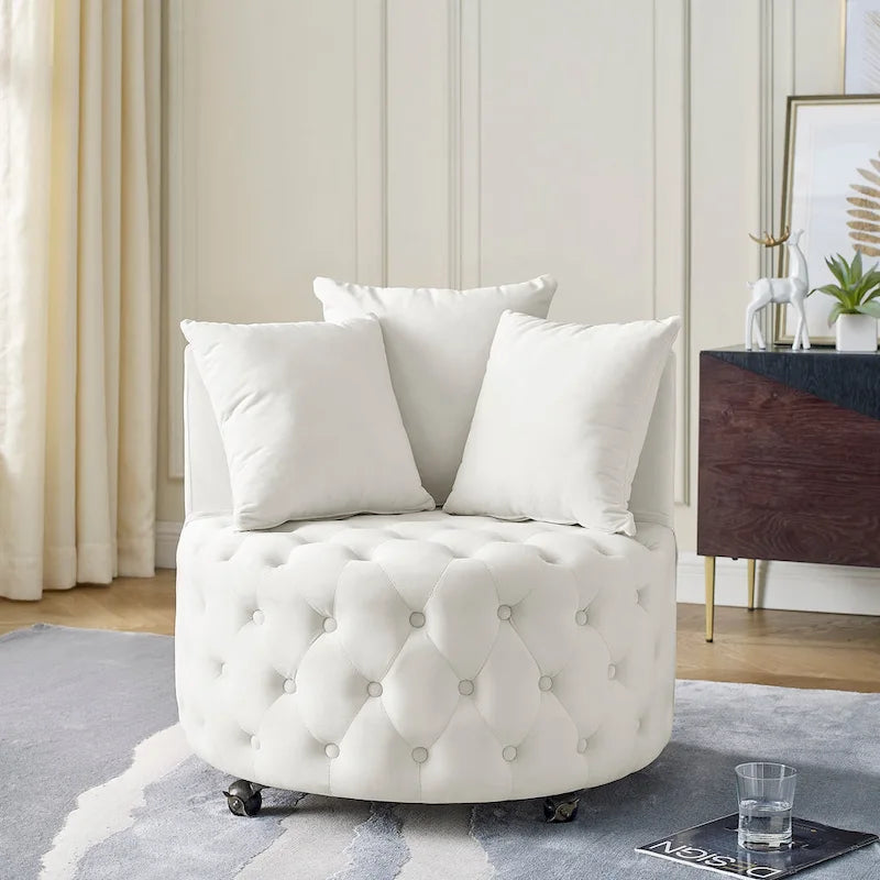 Fauteuil pivotant moderne en velours avec capitonnage, roulettes et 3 coussins, simple — Kaki / Rose / Beige / Gris / Noir / Vert