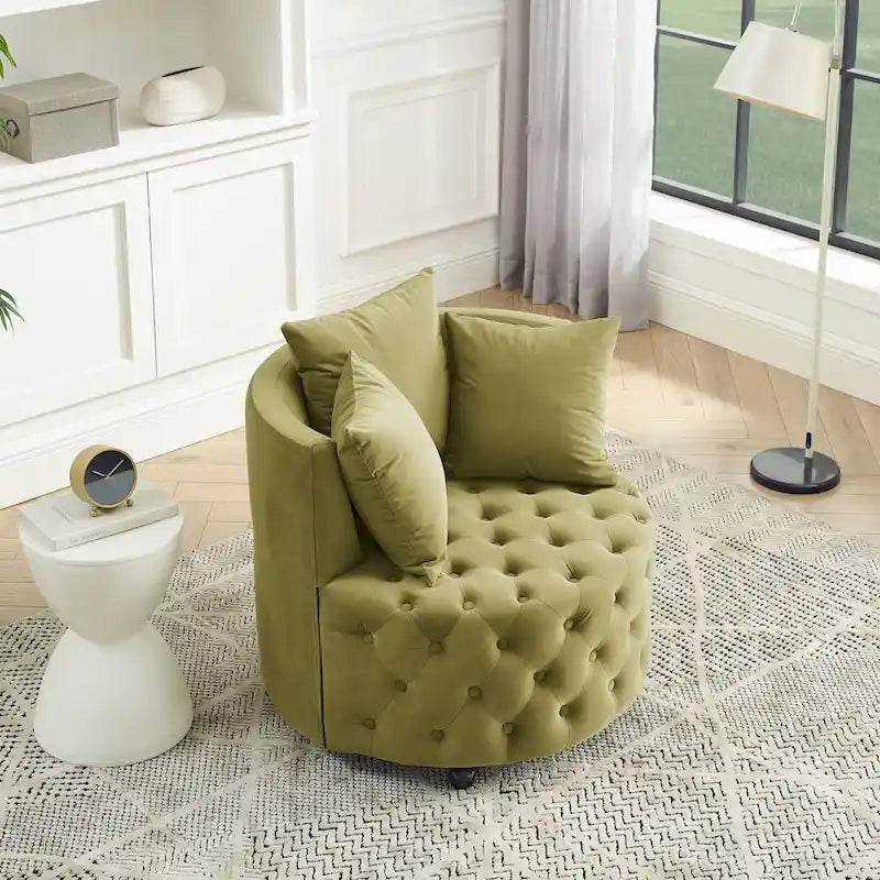 Fauteuil pivotant moderne en velours avec capitonnage, roulettes et 3 coussins, simple — Kaki / Rose / Beige / Gris / Noir / Vert
