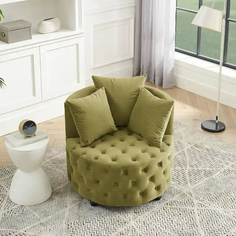 Fauteuil pivotant moderne en velours avec capitonnage, roulettes et 3 coussins, simple — Kaki / Rose / Beige / Gris / Noir / Vert