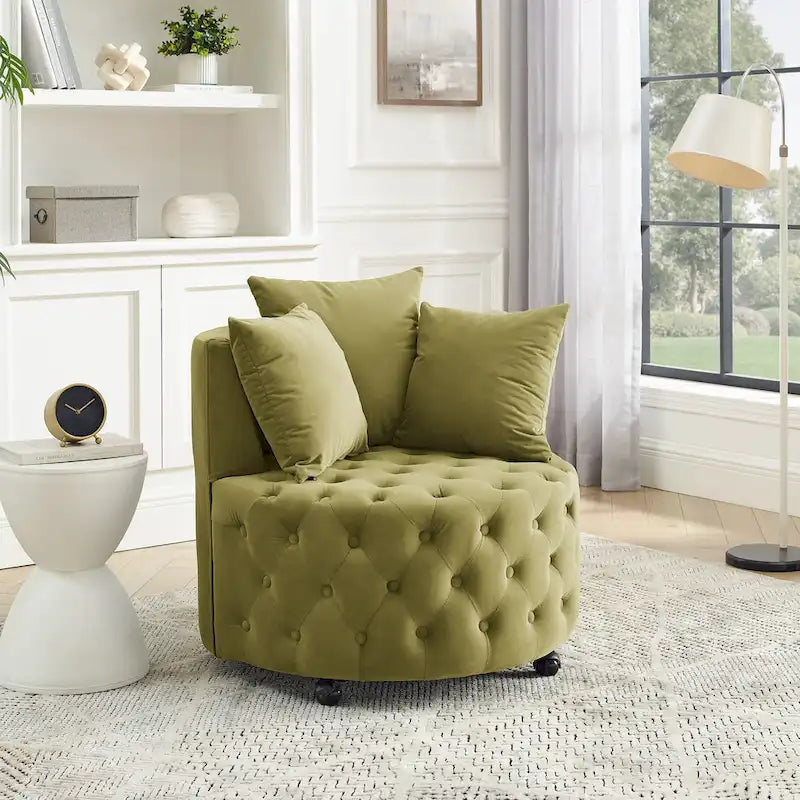Fauteuil pivotant moderne en velours avec capitonnage, roulettes et 3 coussins, simple — Kaki / Rose / Beige / Gris / Noir / Vert