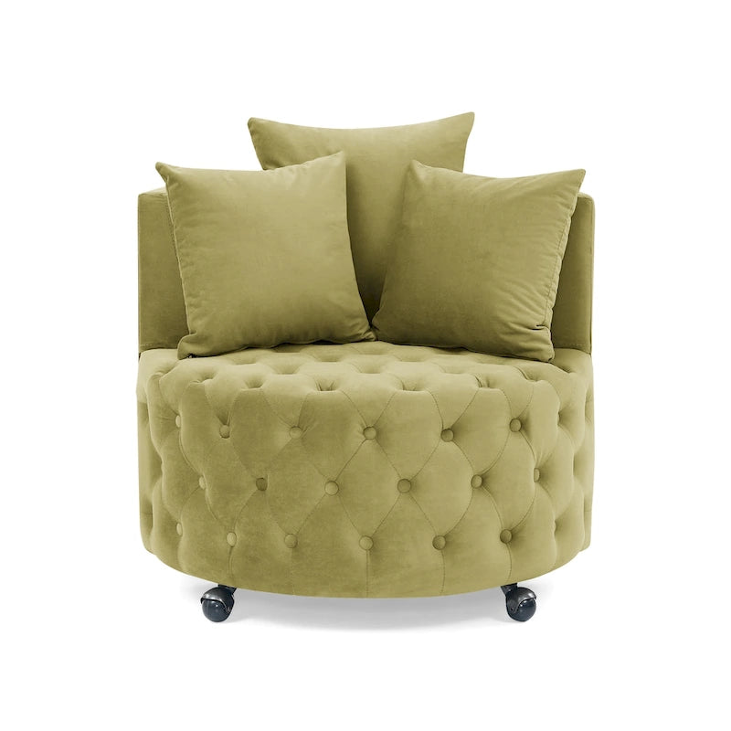 Fauteuil pivotant moderne en velours avec capitonnage, roulettes et 3 coussins, simple — Kaki / Rose / Beige / Gris / Noir / Vert
