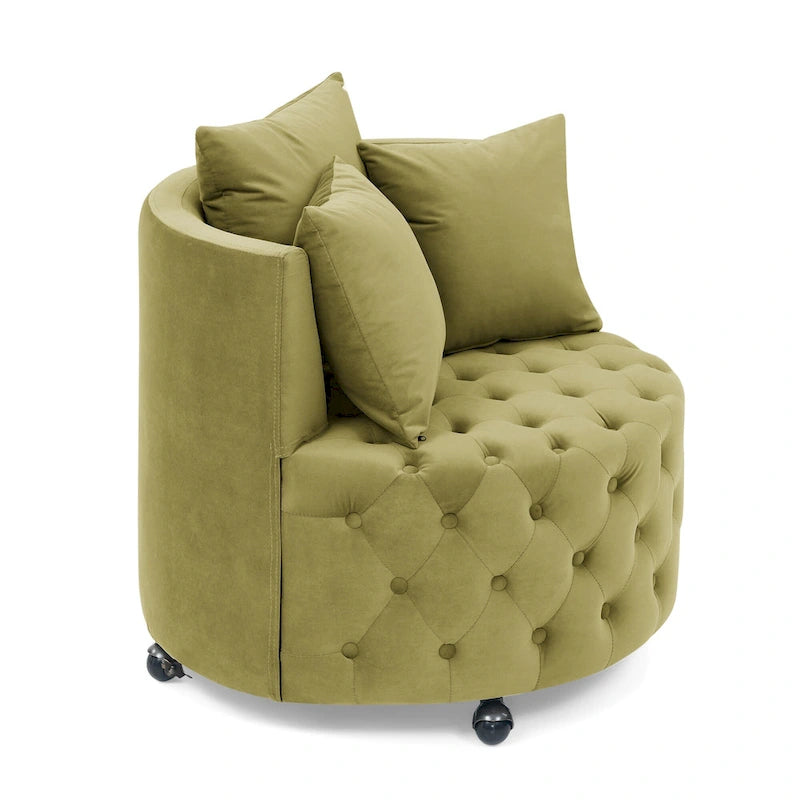 Fauteuil pivotant moderne en velours avec capitonnage, roulettes et 3 coussins, simple — Kaki / Rose / Beige / Gris / Noir / Vert