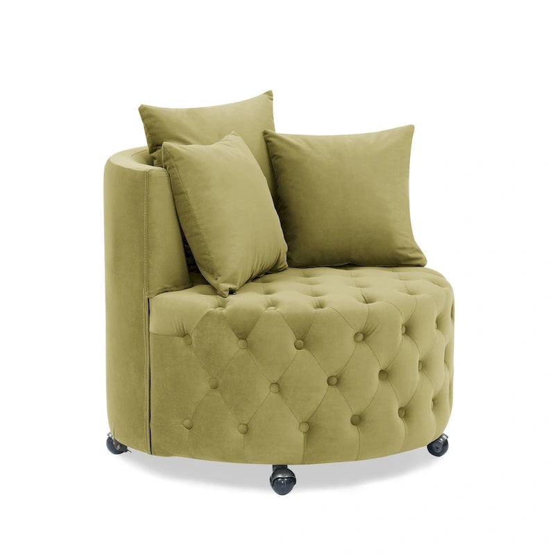 Fauteuil pivotant moderne en velours avec capitonnage, roulettes et 3 coussins, simple — Kaki / Rose / Beige / Gris / Noir / Vert