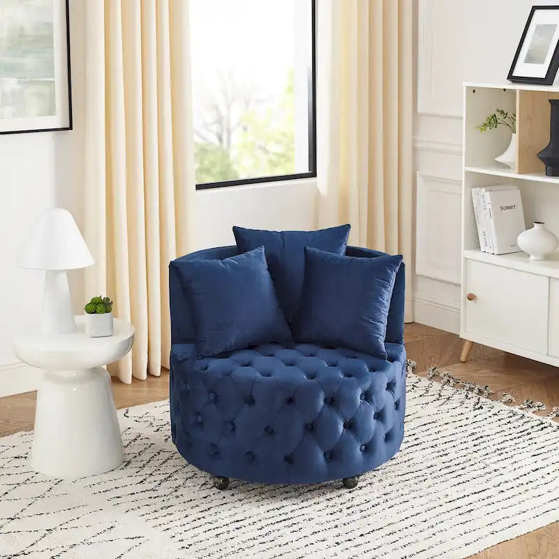 Fauteuil pivotant moderne en velours avec capitonnage, roulettes et 3 coussins, simple — Kaki / Rose / Beige / Gris / Noir / Vert