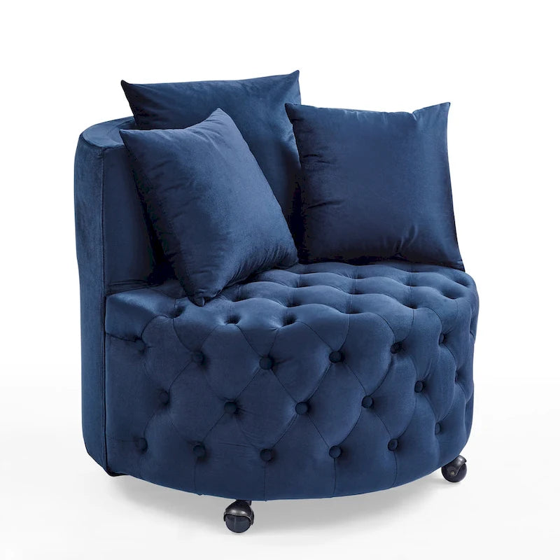 Fauteuil pivotant moderne en velours avec capitonnage, roulettes et 3 coussins, simple — Kaki / Rose / Beige / Gris / Noir / Vert