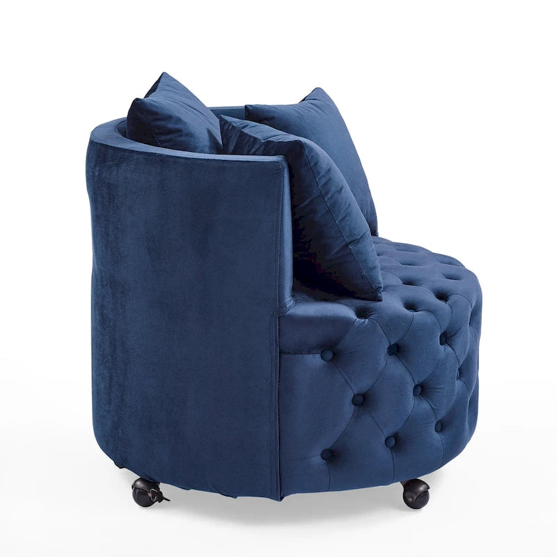Fauteuil pivotant moderne en velours avec capitonnage, roulettes et 3 coussins, simple — Kaki / Rose / Beige / Gris / Noir / Vert