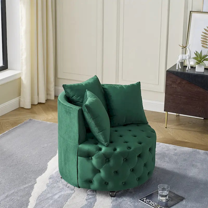 Fauteuil pivotant moderne en velours avec capitonnage, roulettes et 3 coussins, simple — Kaki / Rose / Beige / Gris / Noir / Vert