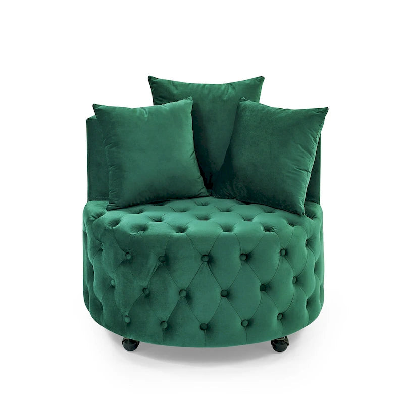 Fauteuil pivotant moderne en velours avec capitonnage, roulettes et 3 coussins, simple — Kaki / Rose / Beige / Gris / Noir / Vert
