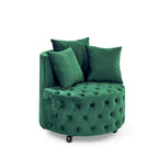Fauteuil pivotant moderne en velours avec capitonnage, roulettes et 3 coussins, simple — Kaki / Rose / Beige / Gris / Noir / Vert