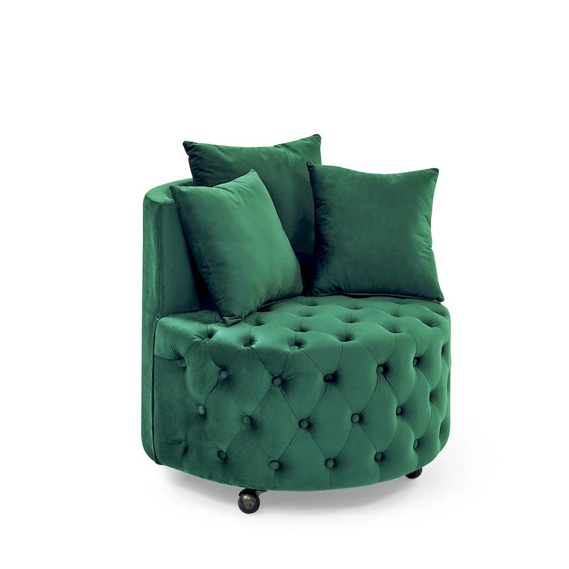 Fauteuil pivotant moderne en velours avec capitonnage, roulettes et 3 coussins, simple — Kaki / Rose / Beige / Gris / Noir / Vert