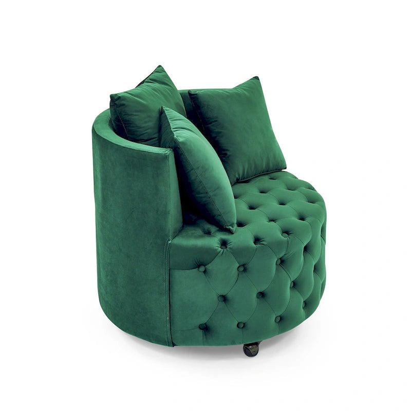Fauteuil pivotant moderne en velours avec capitonnage, roulettes et 3 coussins, simple — Kaki / Rose / Beige / Gris / Noir / Vert
