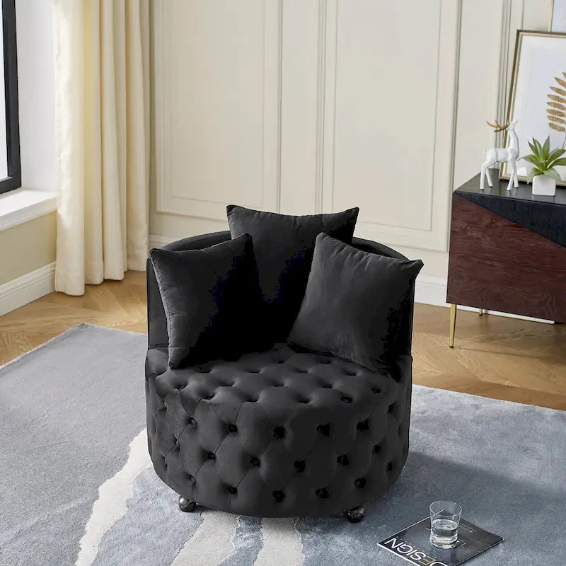 Fauteuil pivotant moderne en velours avec capitonnage, roulettes et 3 coussins, simple — Kaki / Rose / Beige / Gris / Noir / Vert