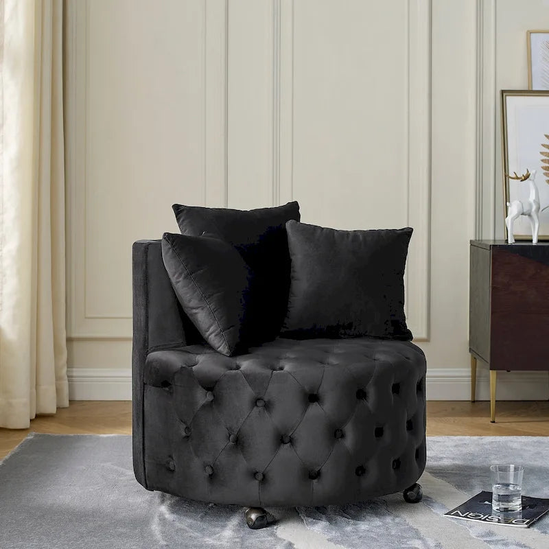 Fauteuil pivotant moderne en velours avec capitonnage, roulettes et 3 coussins, simple — Kaki / Rose / Beige / Gris / Noir / Vert