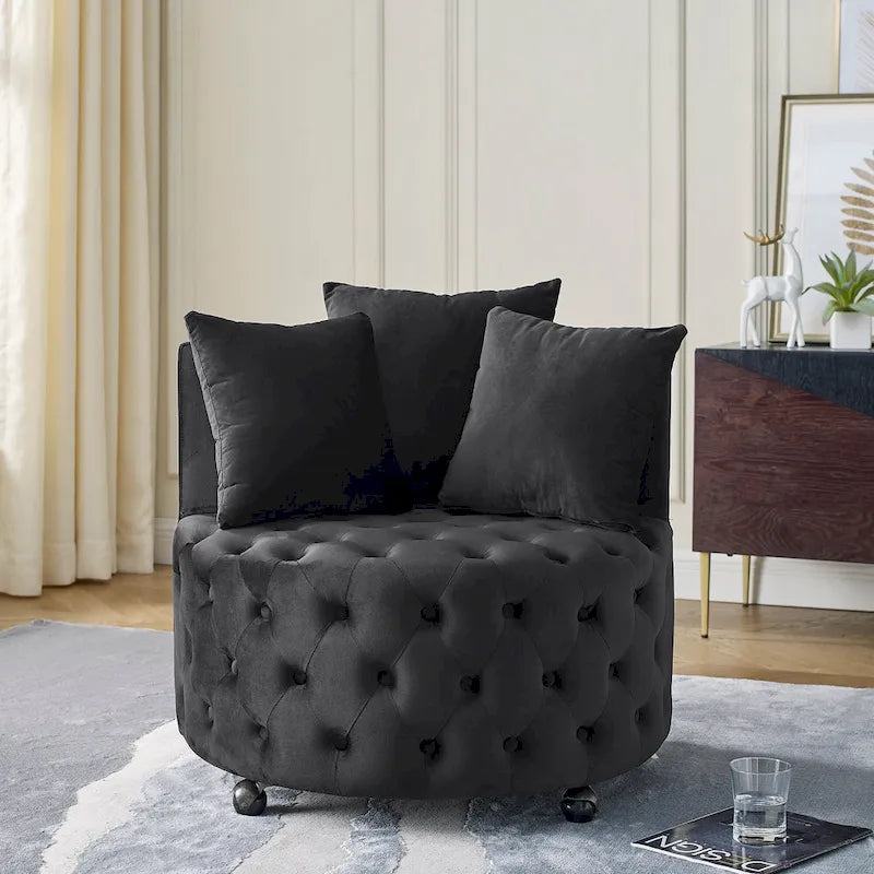 Fauteuil pivotant moderne en velours avec capitonnage, roulettes et 3 coussins, simple — Kaki / Rose / Beige / Gris / Noir / Vert