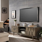 Meuble TV de style mi-siècle en hévéa, 2 tiroirs et porte coulissante, gris anthracite / tabac, 178 cm