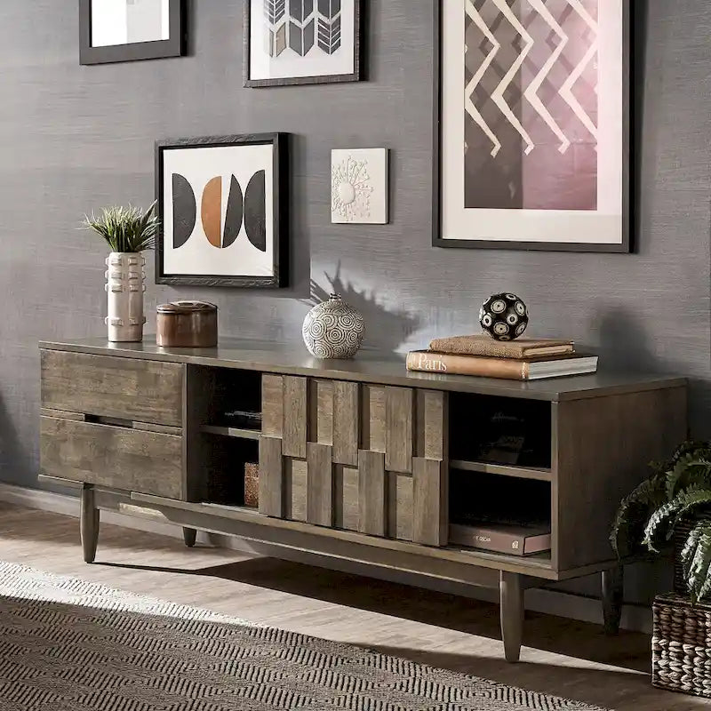 Meuble TV de style mi-siècle en hévéa, 2 tiroirs et porte coulissante, gris anthracite / tabac, 178 cm