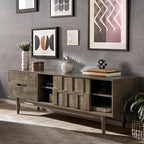 Meuble TV de style mi-siècle en hévéa, 2 tiroirs et porte coulissante, gris anthracite / tabac, 178 cm