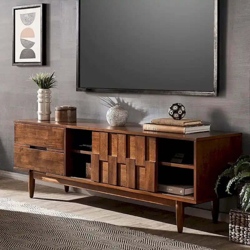 Meuble TV de style mi-siècle en hévéa, 2 tiroirs et porte coulissante, gris anthracite / tabac, 178 cm