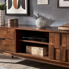 Meuble TV de style mi-siècle en hévéa, 2 tiroirs et porte coulissante, gris anthracite / tabac, 178 cm