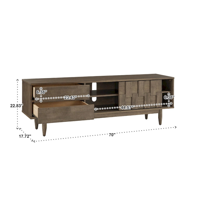 Meuble TV de style mi-siècle en hévéa, 2 tiroirs et porte coulissante, gris anthracite / tabac, 178 cm