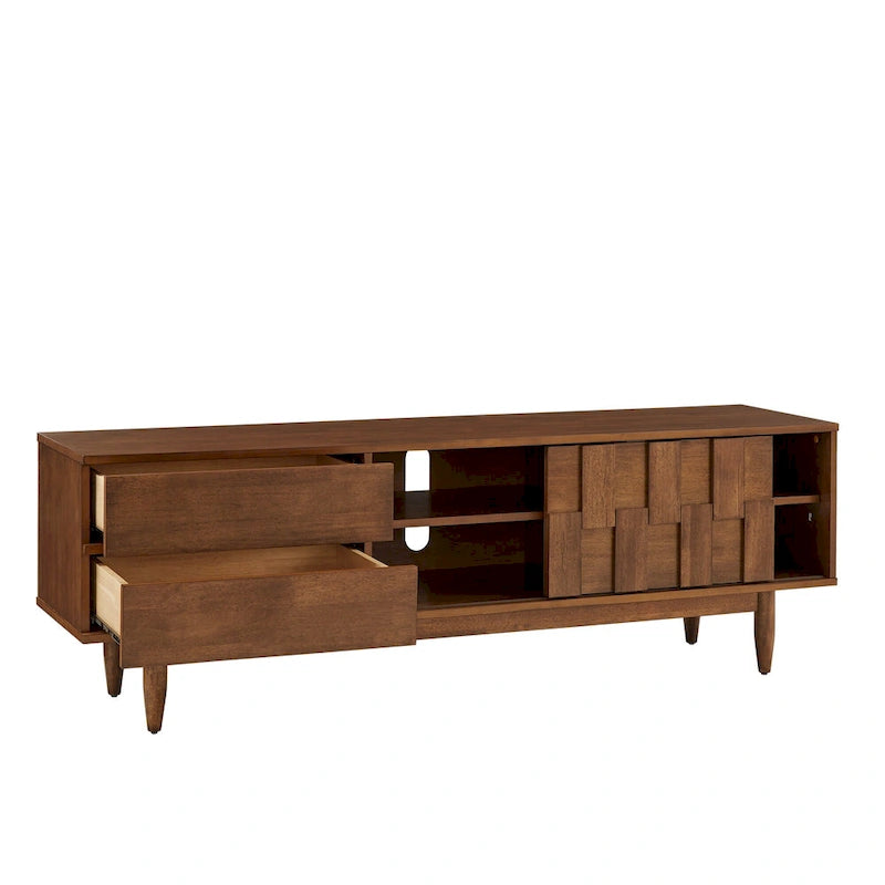 Meuble TV de style mi-siècle en hévéa, 2 tiroirs et porte coulissante, gris anthracite / tabac, 178 cm