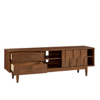 Meuble TV de style mi-siècle en hévéa, 2 tiroirs et porte coulissante, gris anthracite / tabac, 178 cm