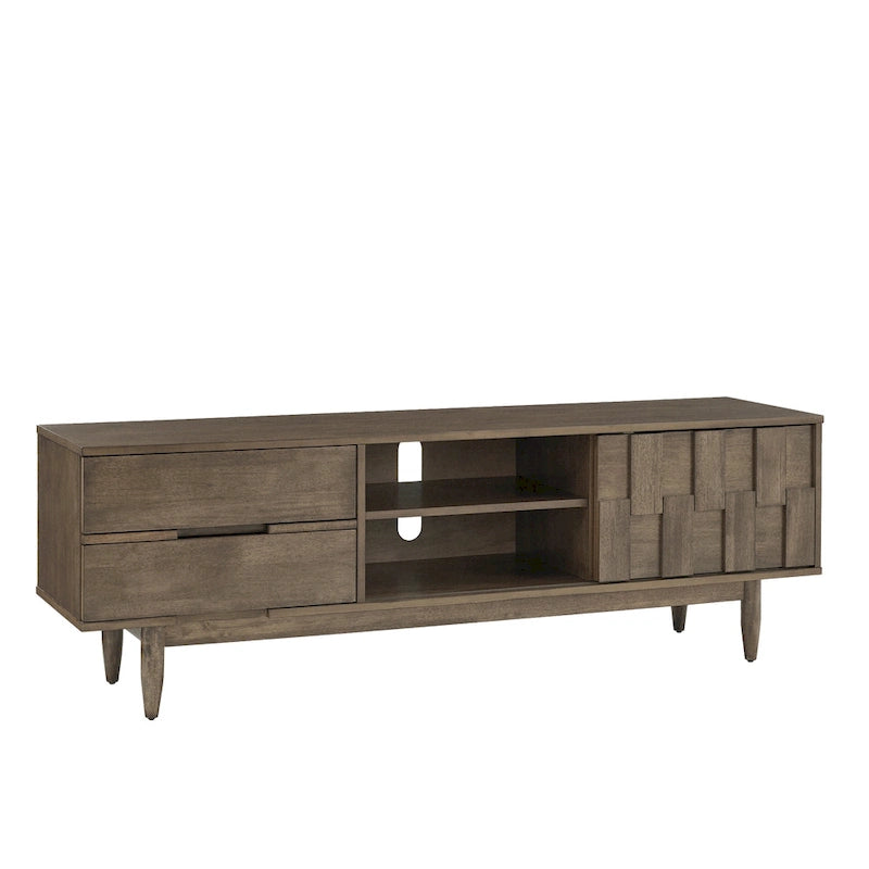 Meuble TV de style mi-siècle en hévéa, 2 tiroirs et porte coulissante, gris anthracite / tabac, 178 cm