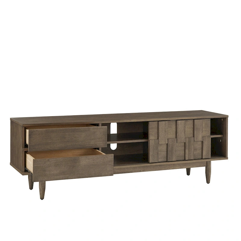Meuble TV de style mi-siècle en hévéa, 2 tiroirs et porte coulissante, gris anthracite / tabac, 178 cm